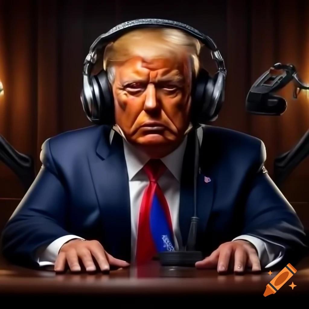 Realistic digital portrait of Donald Trump at podcast desk with studio headphones