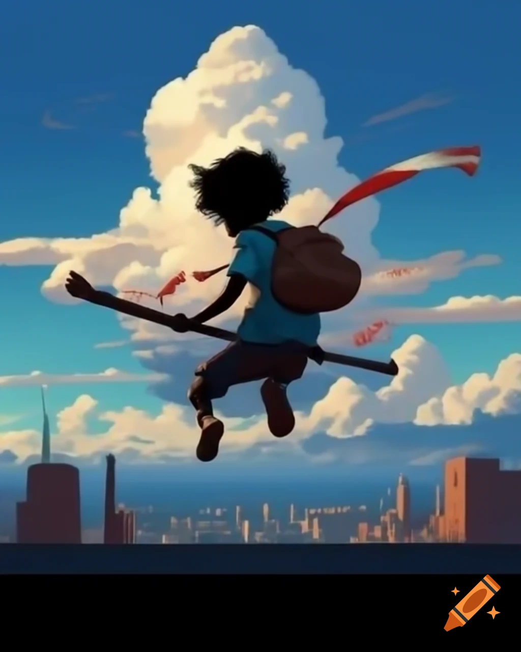 Monkie Kid jumping with staff against city skyline and dramatic sky