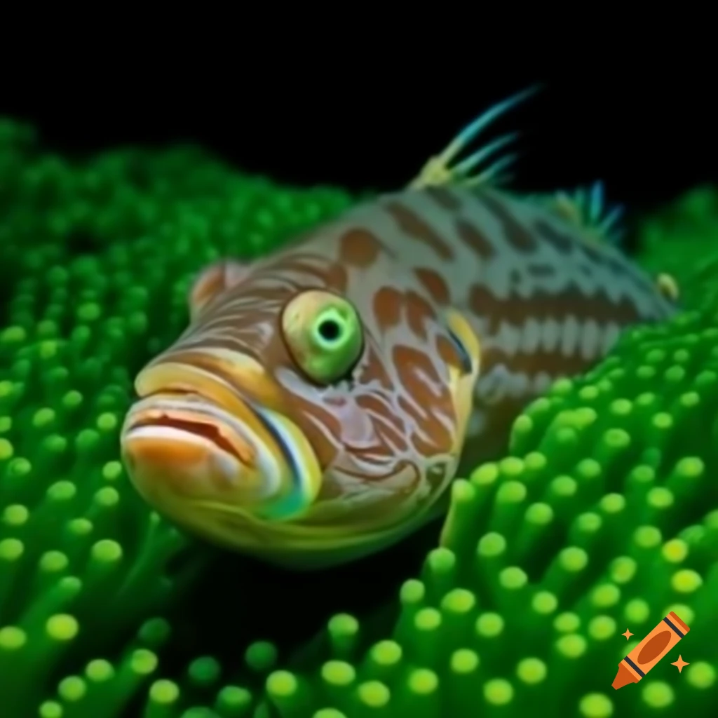 Fish swimming among green algae at the bottom