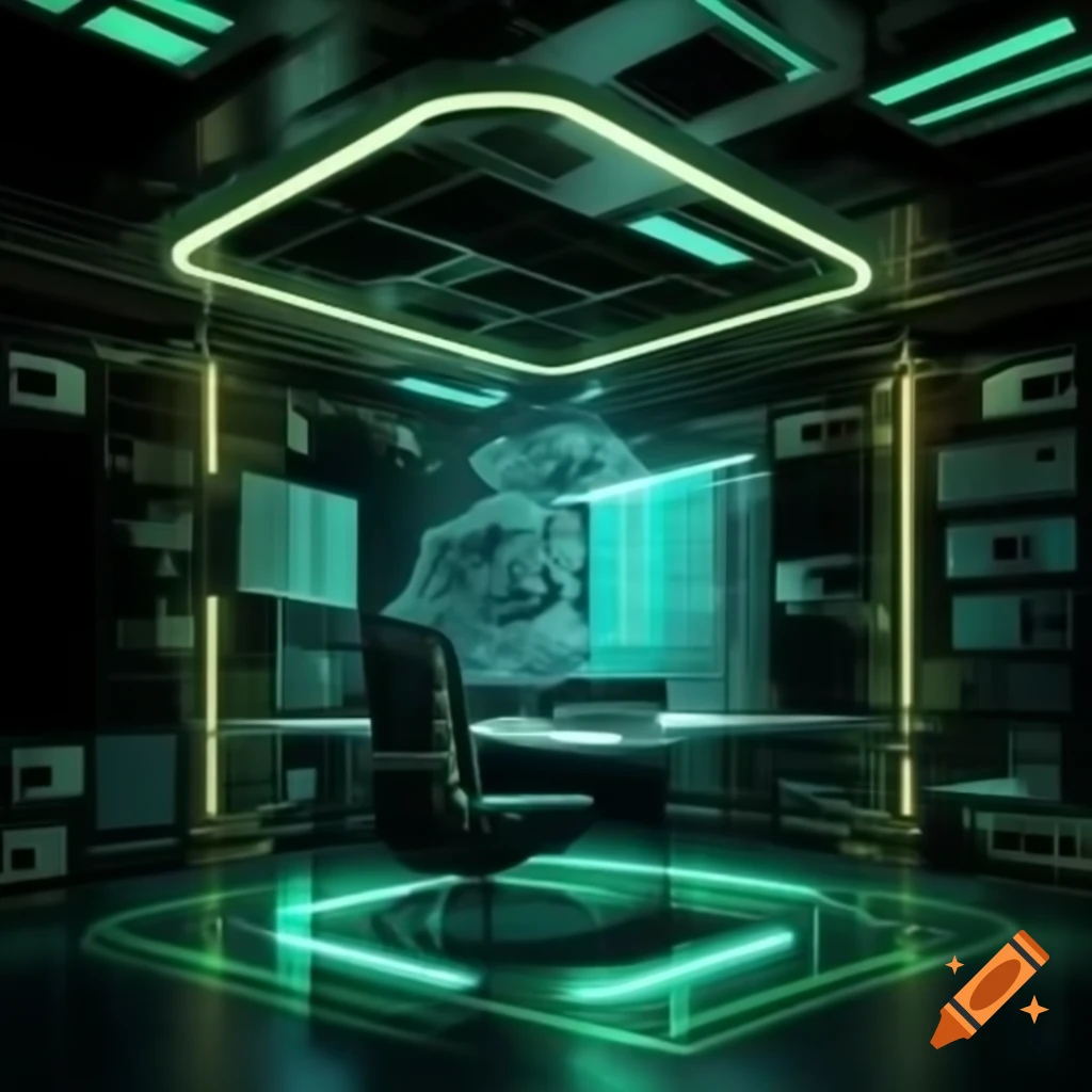 Futuristic neon cyber-office with glowing code and floating money, financial tech theme