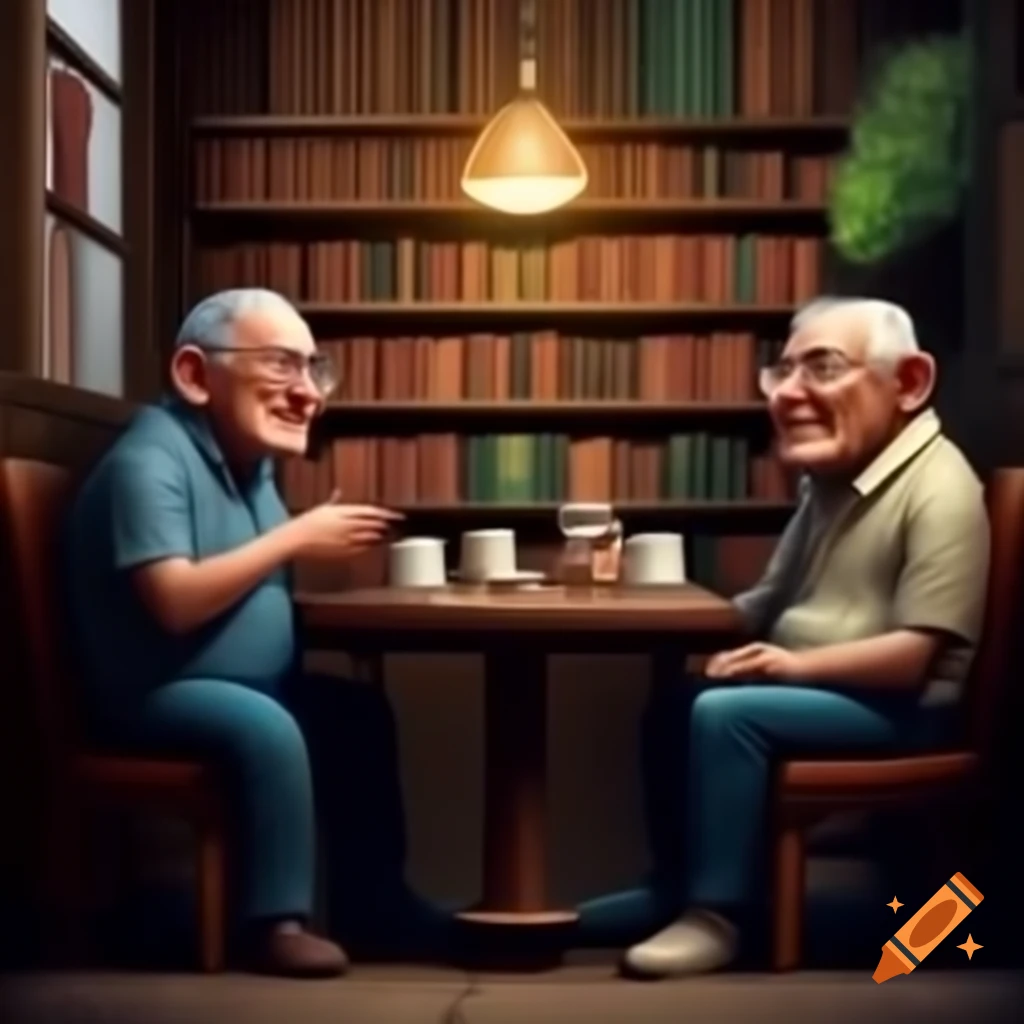 Two men engaged in a discussion about moral values in a cozy coffee shop