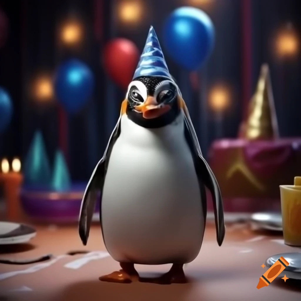 Penguin celebrating at a birthday party