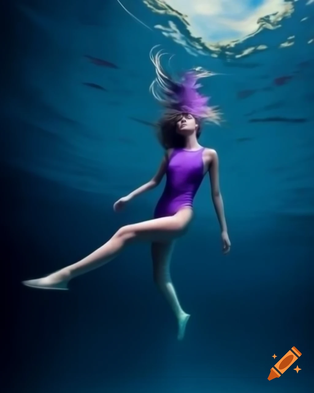 Artistic underwater portrait of woman in purple bathing suit with ...