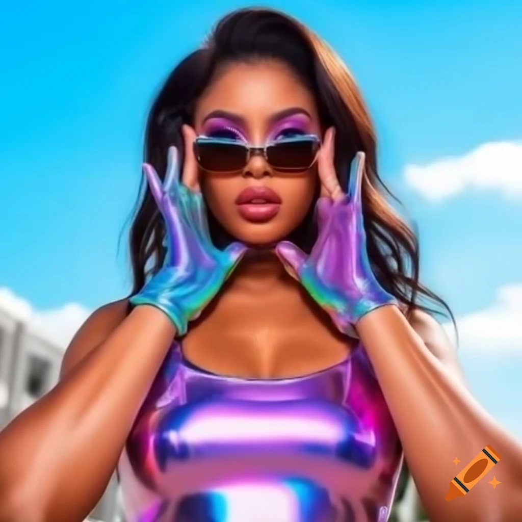 Woman in holographic top and sunglasses under bright daylight