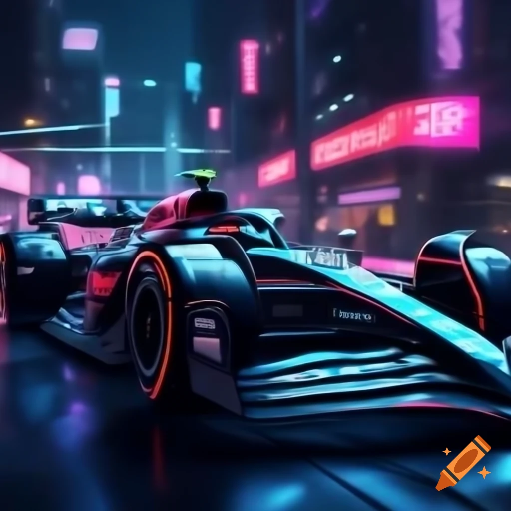 Futuristic F1 car racing through cyberpunk city at night with neon lights