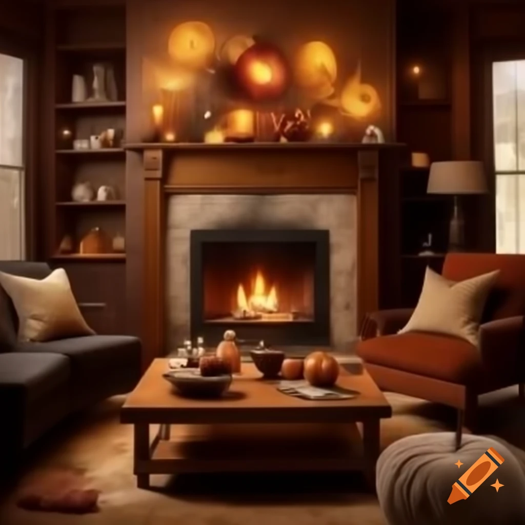 Cozy living room decorated for fall with warm tones and fireplace