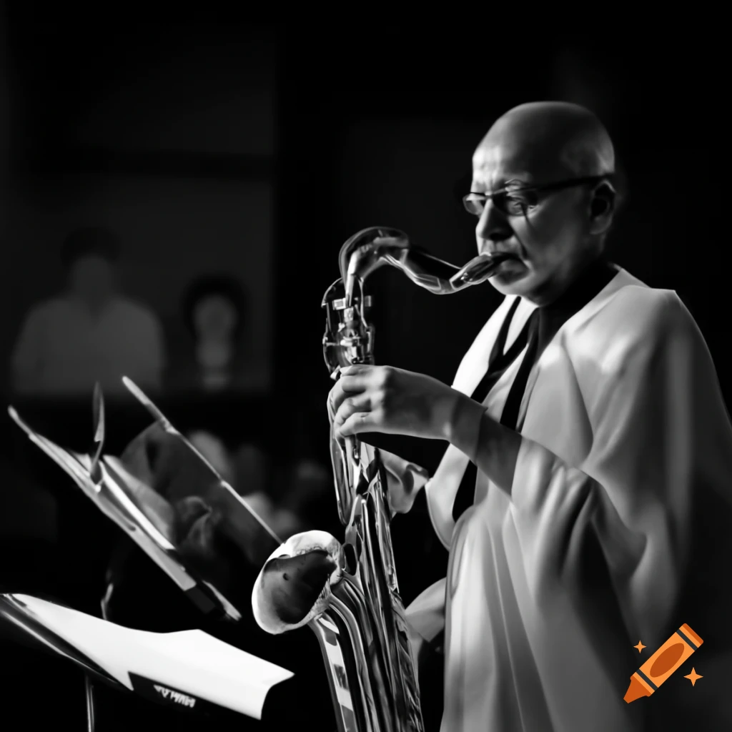 Gandhi playing saxophone in jazz club setting
