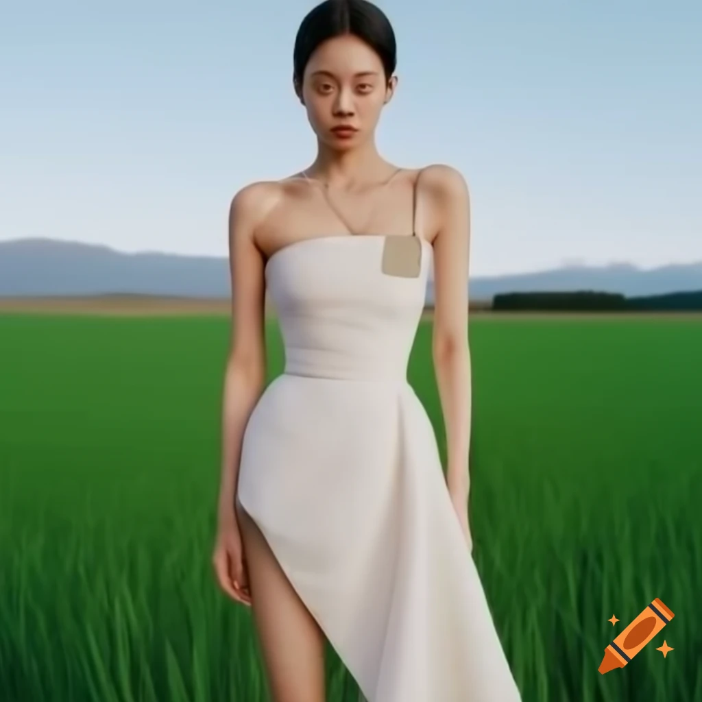 East Asian model resembling Jennie from BLACKPINK in eco-friendly dress