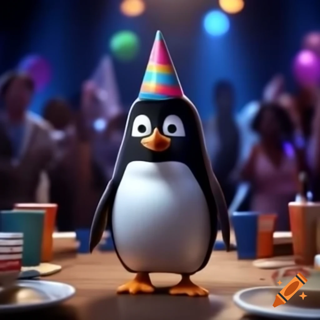 Penguin celebrating at a birthday party