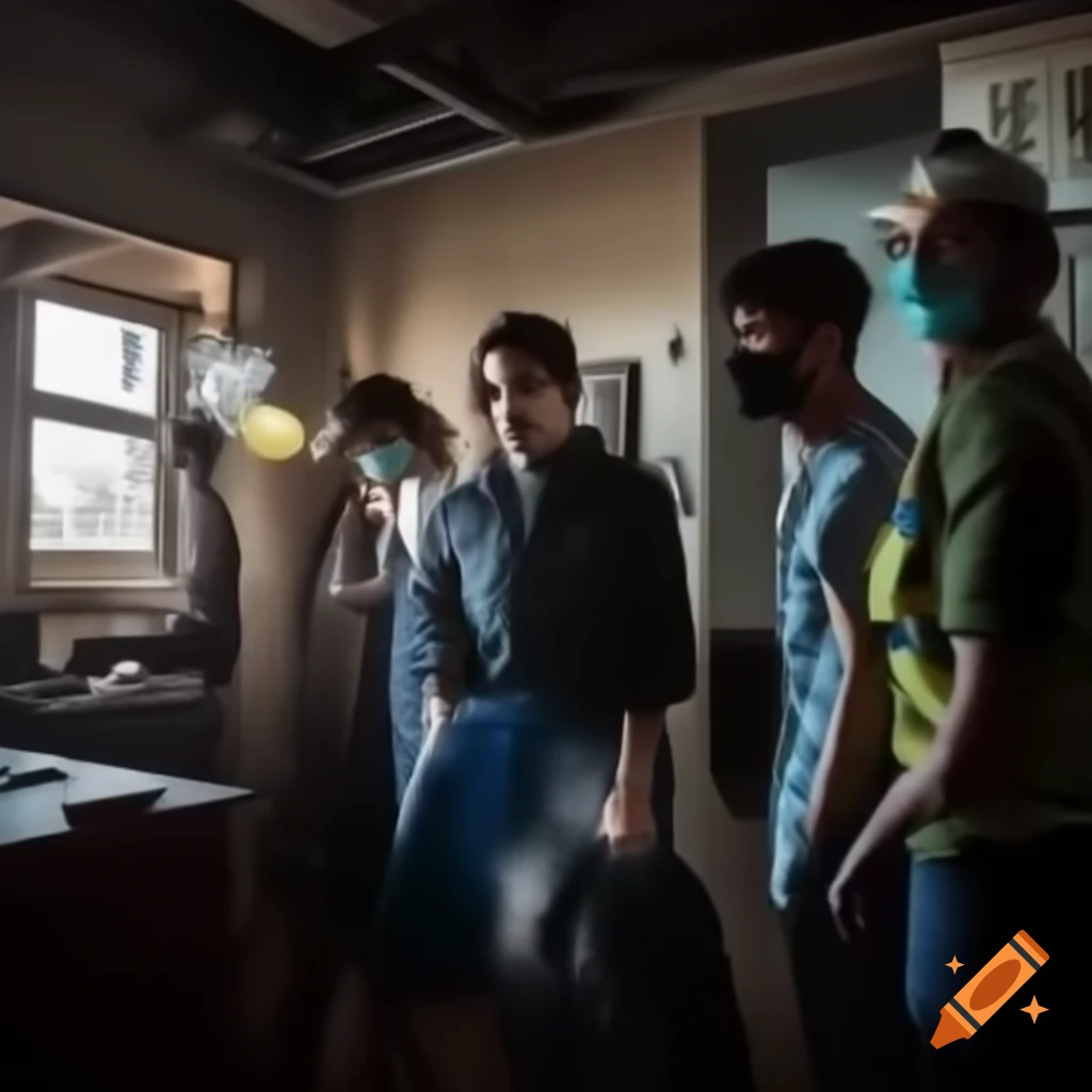 Group of people in business attire evacuating during fire alarm