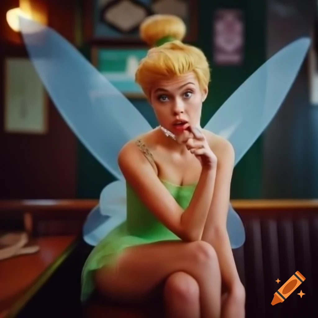 Tinkerbell with blond hair in bun smoking a pipe inside cozy English pub