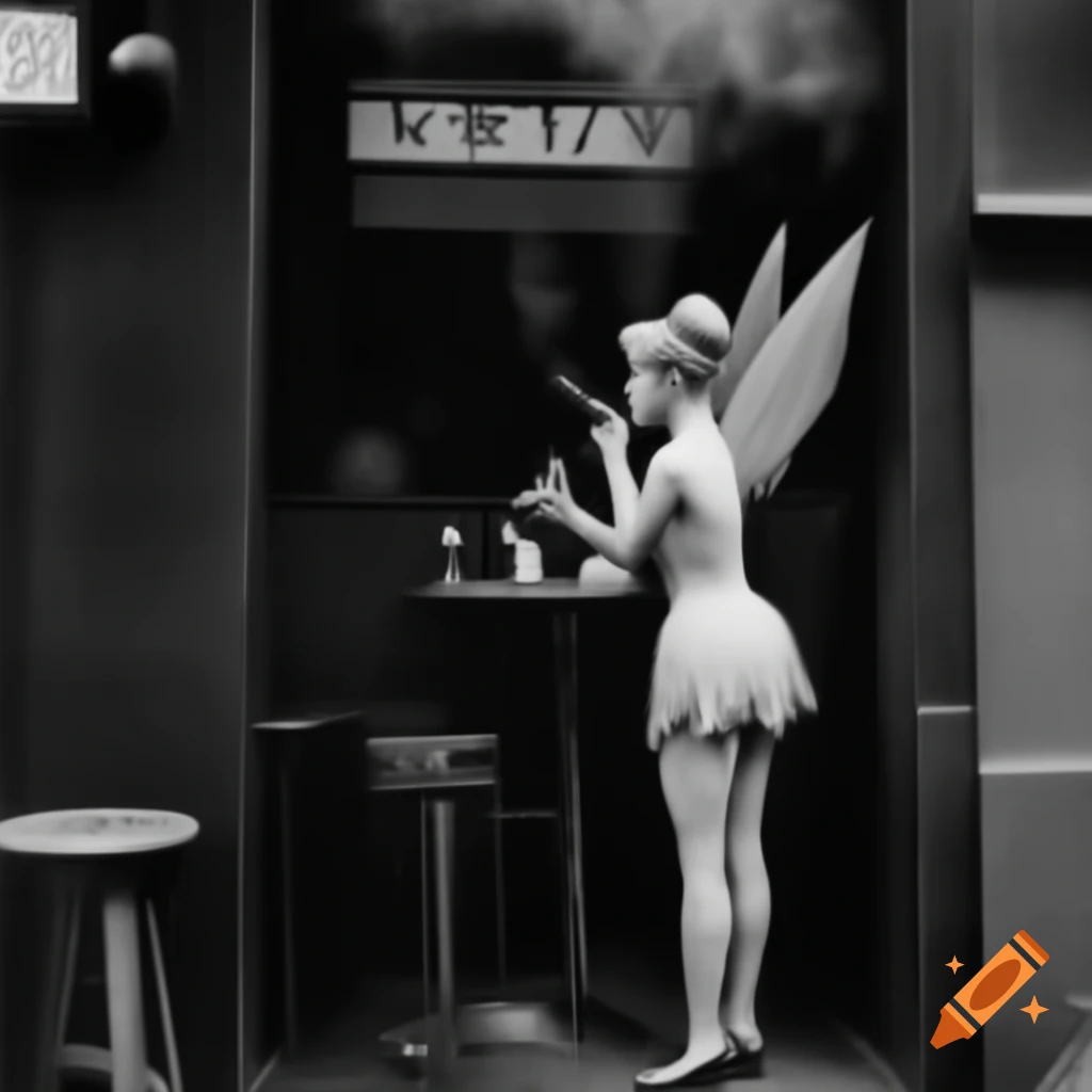 Tinkerbell character in a pub setting, smoking a pipe