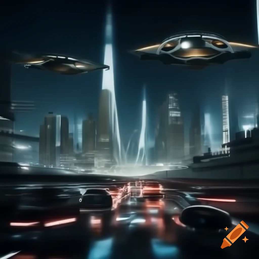 Futuristic city skyline at night featuring glowing lights and flying ...