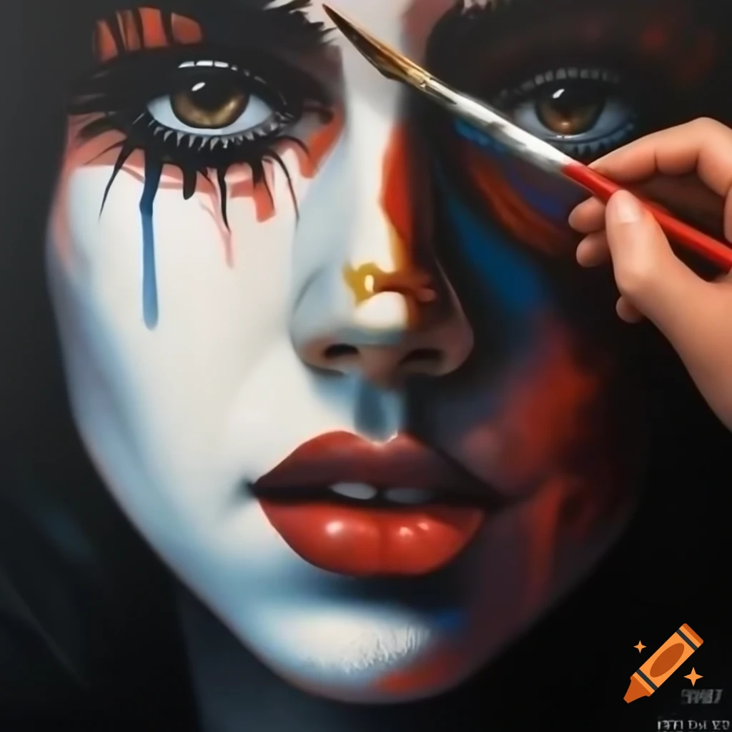 Female painter throwing paint on canvas while painting a portrait