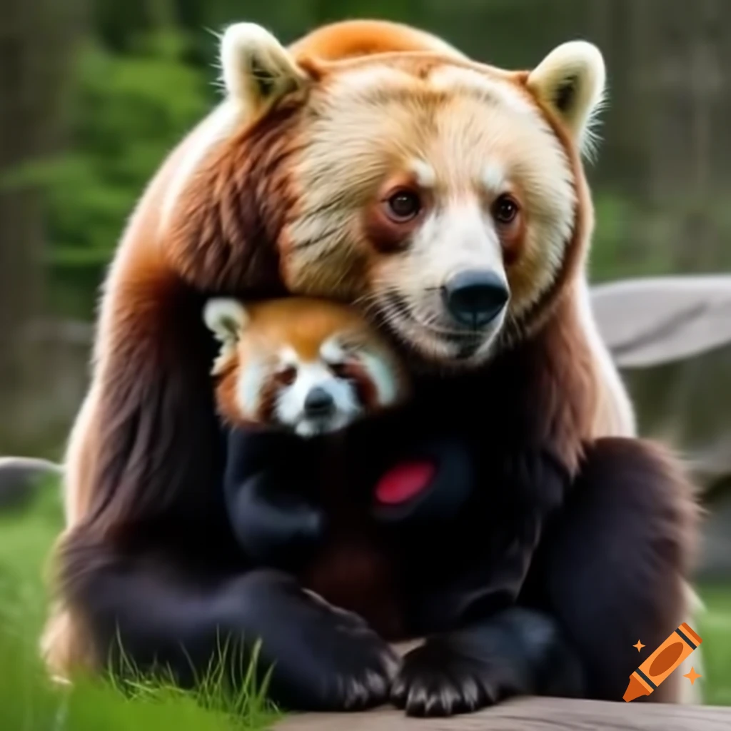 Grizzly bear cradling a red panda in a stunning animal pairing