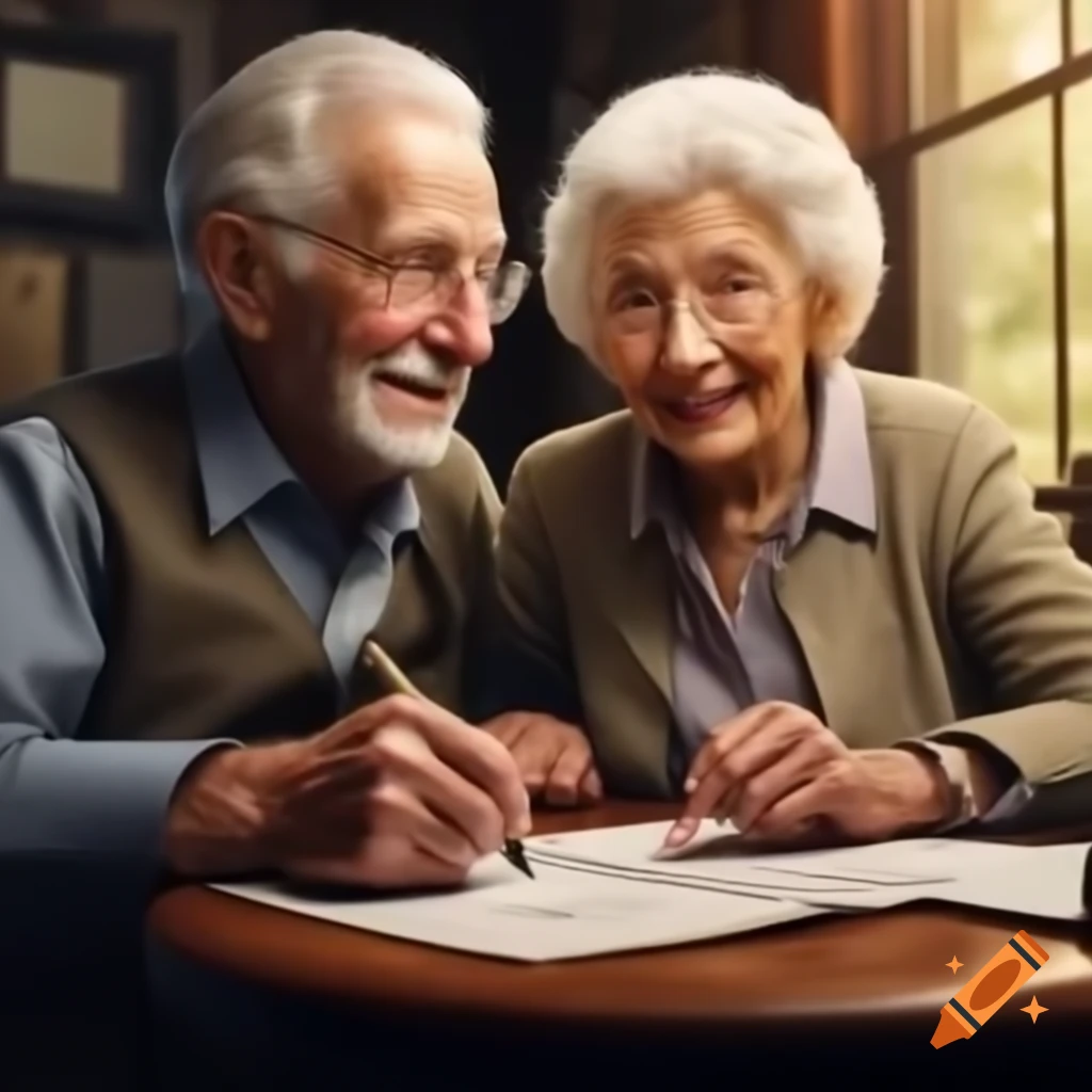 Happy elderly couple discussing financial advice while reviewing documents on upward tax arrow