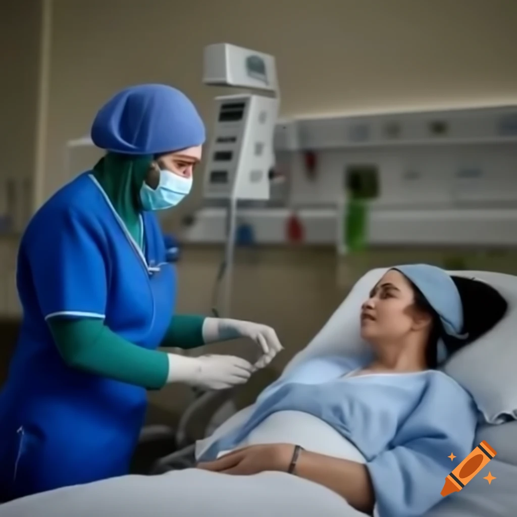 Hijabi nurse caring for female patient in hospital ward with male doctor