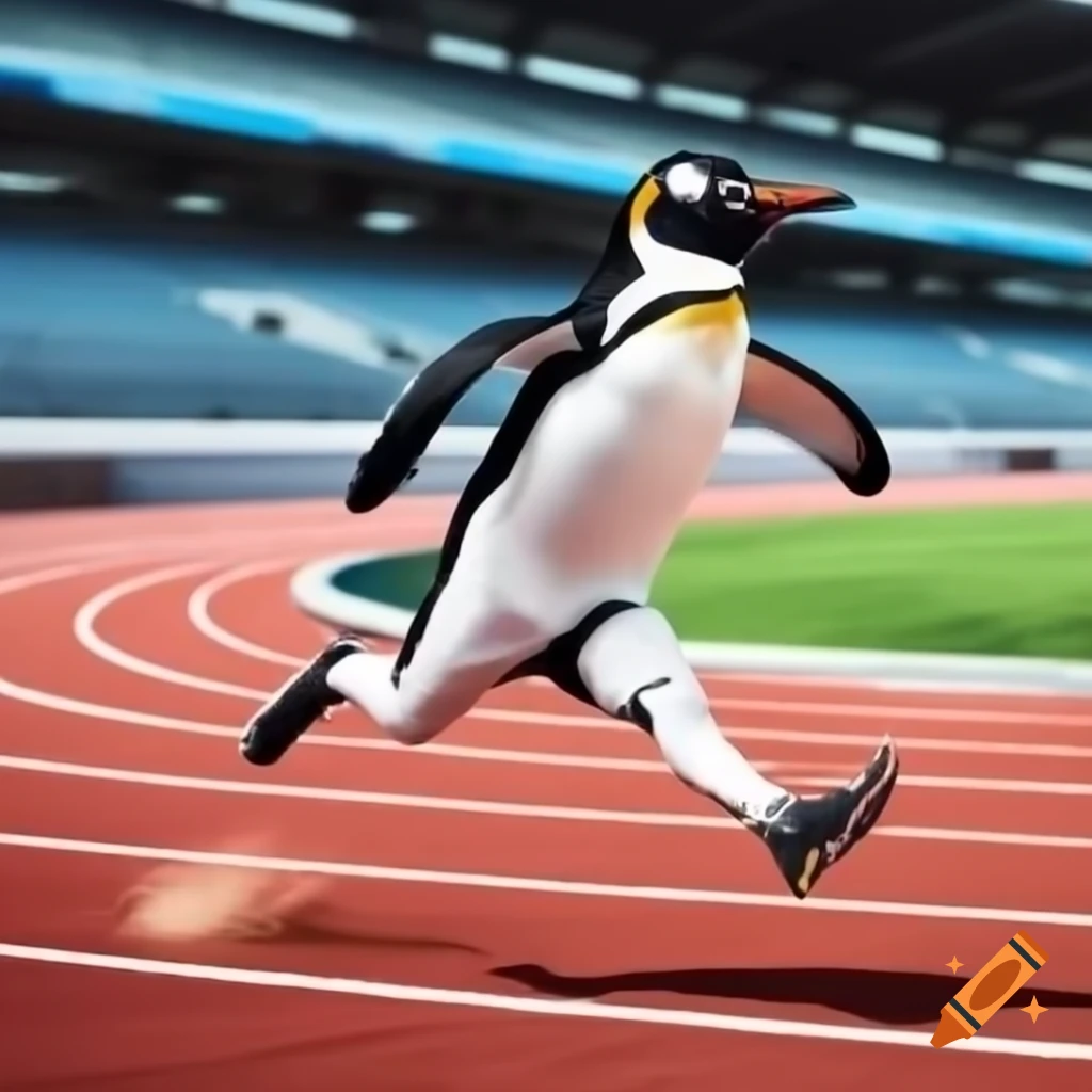 Fast penguin running on a track