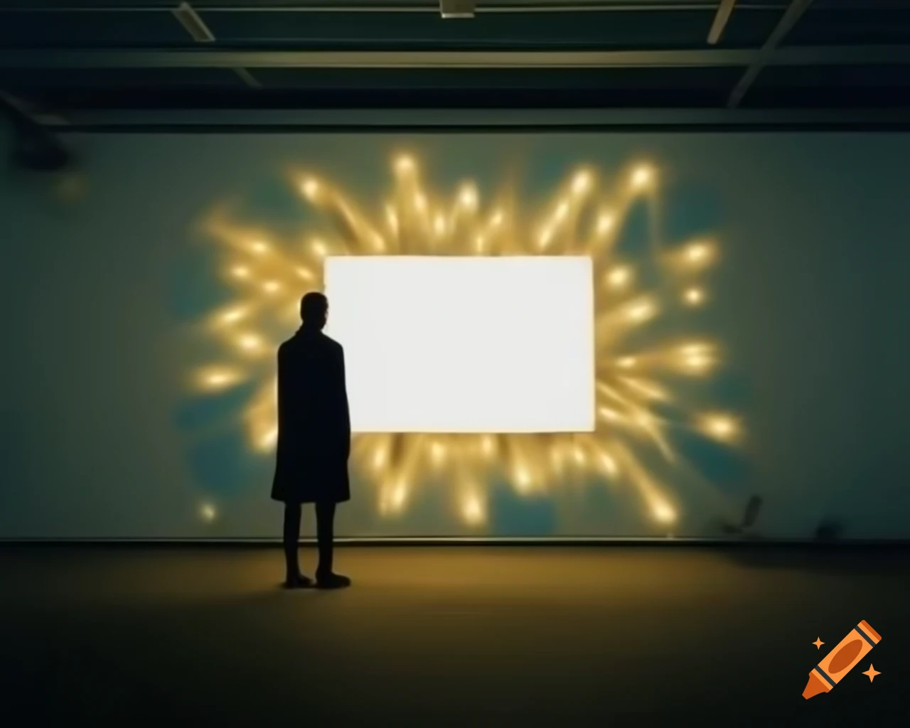 Artist with failed canvases as glowing masterpiece emerges from blank canvas