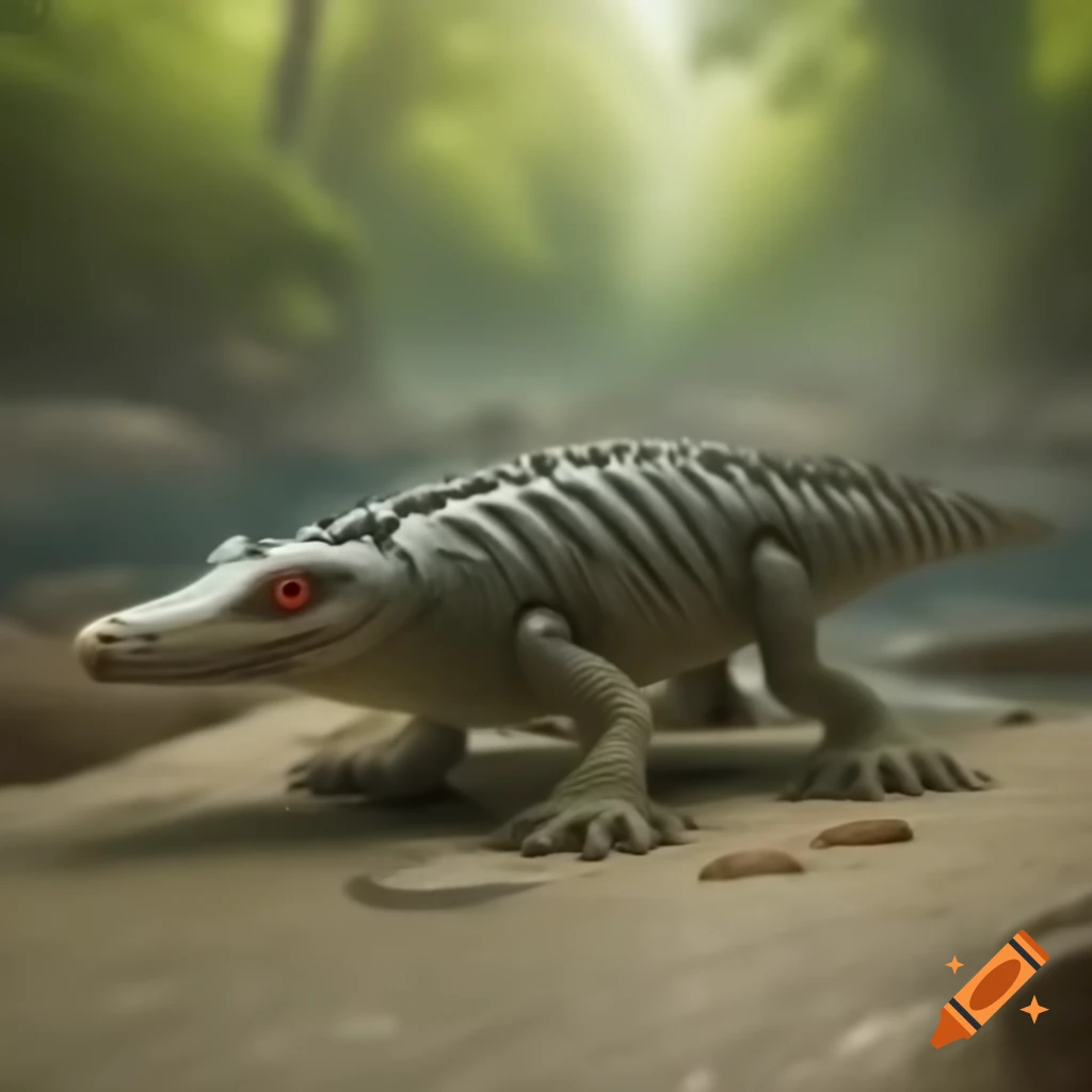 Prehistoric crocodile-like fish in murky river surrounded by Carboniferous environment