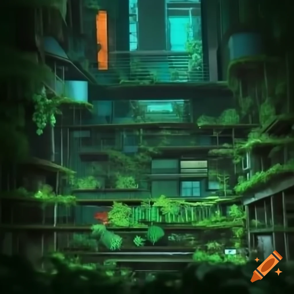 Futuristic high-rise city overgrown with vegetation illuminated by neon signs