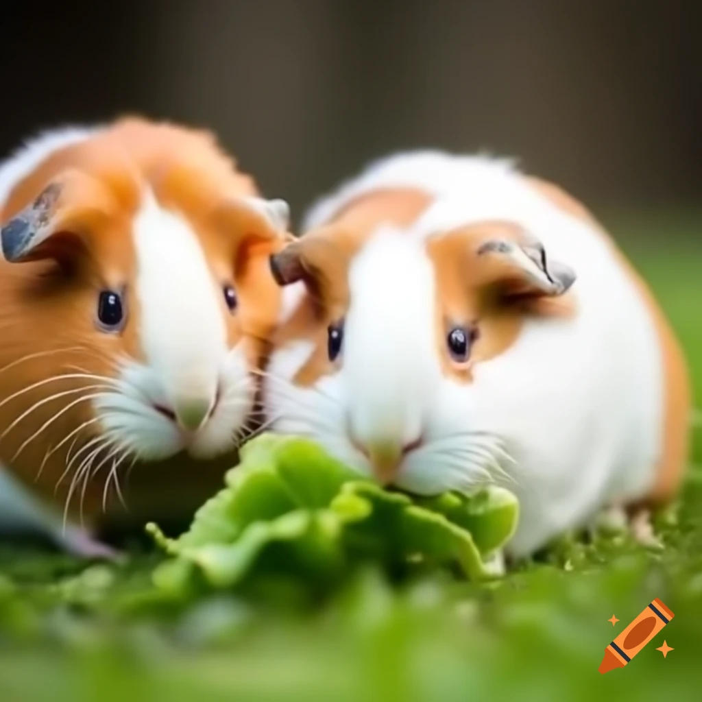 White and ginger guinea pigs eating lettuce in deep grass outdoors on ... - Guinea Pig Charcoal And Ginger Treat