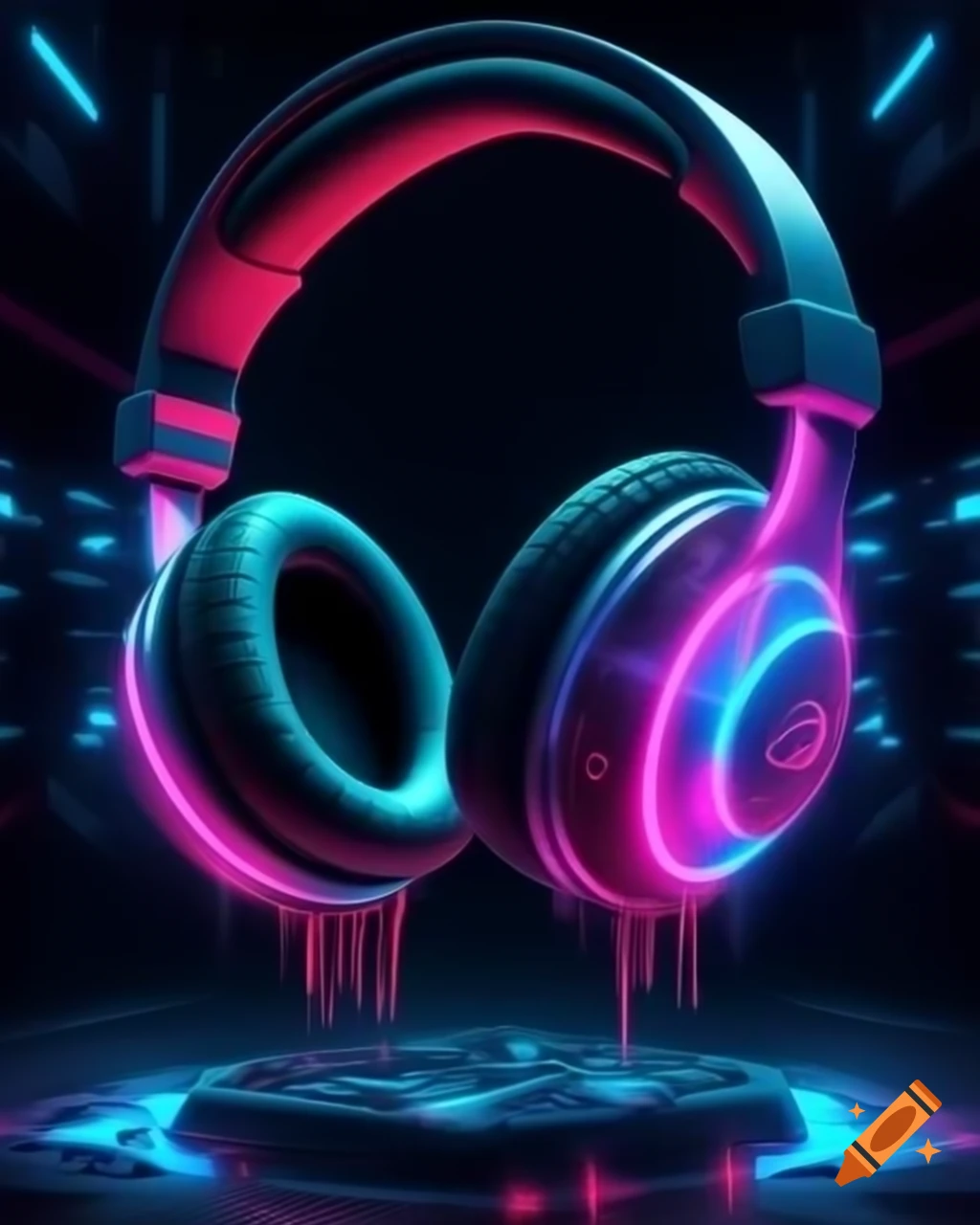 Futuristic headphone design with black body and neon pink and blue accents