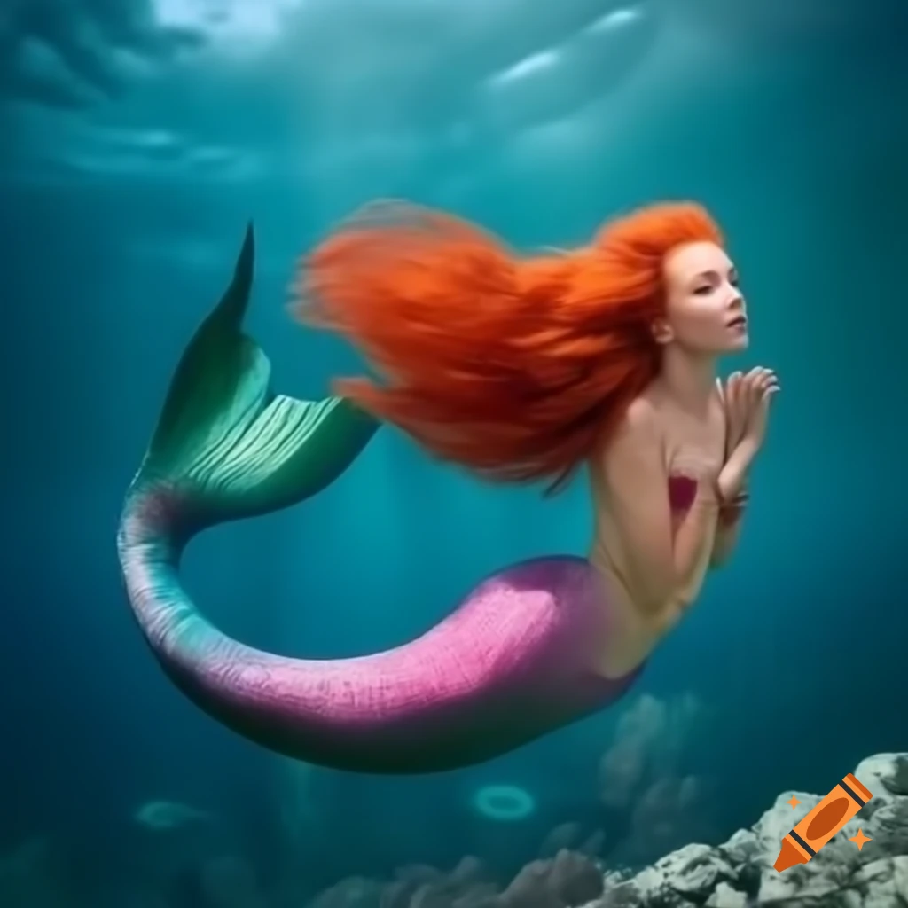 Red-haired mermaid in ocean setting