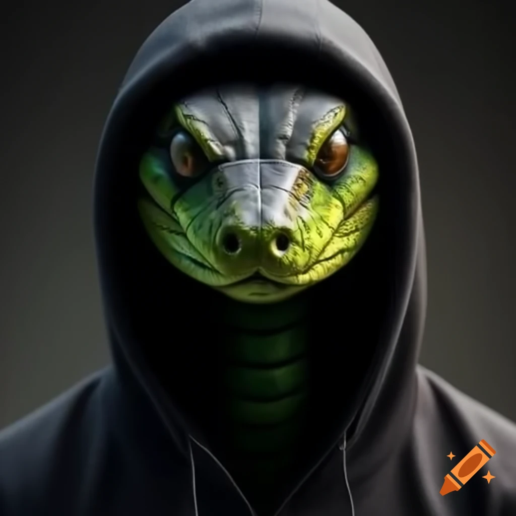 Green mamba snake head in carbon fiber black hoodie looking forward