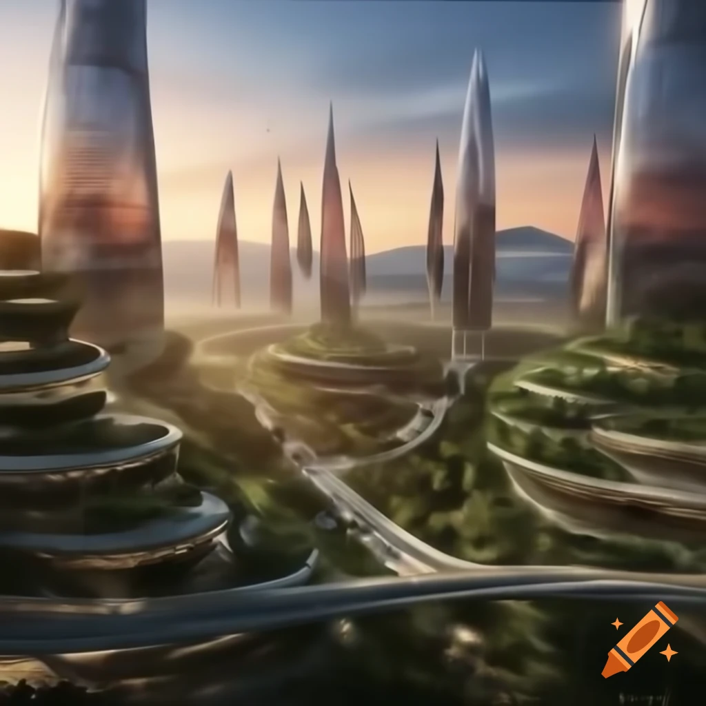 Futuristic cityscape at sunset with glass skyscrapers and neon lights ...