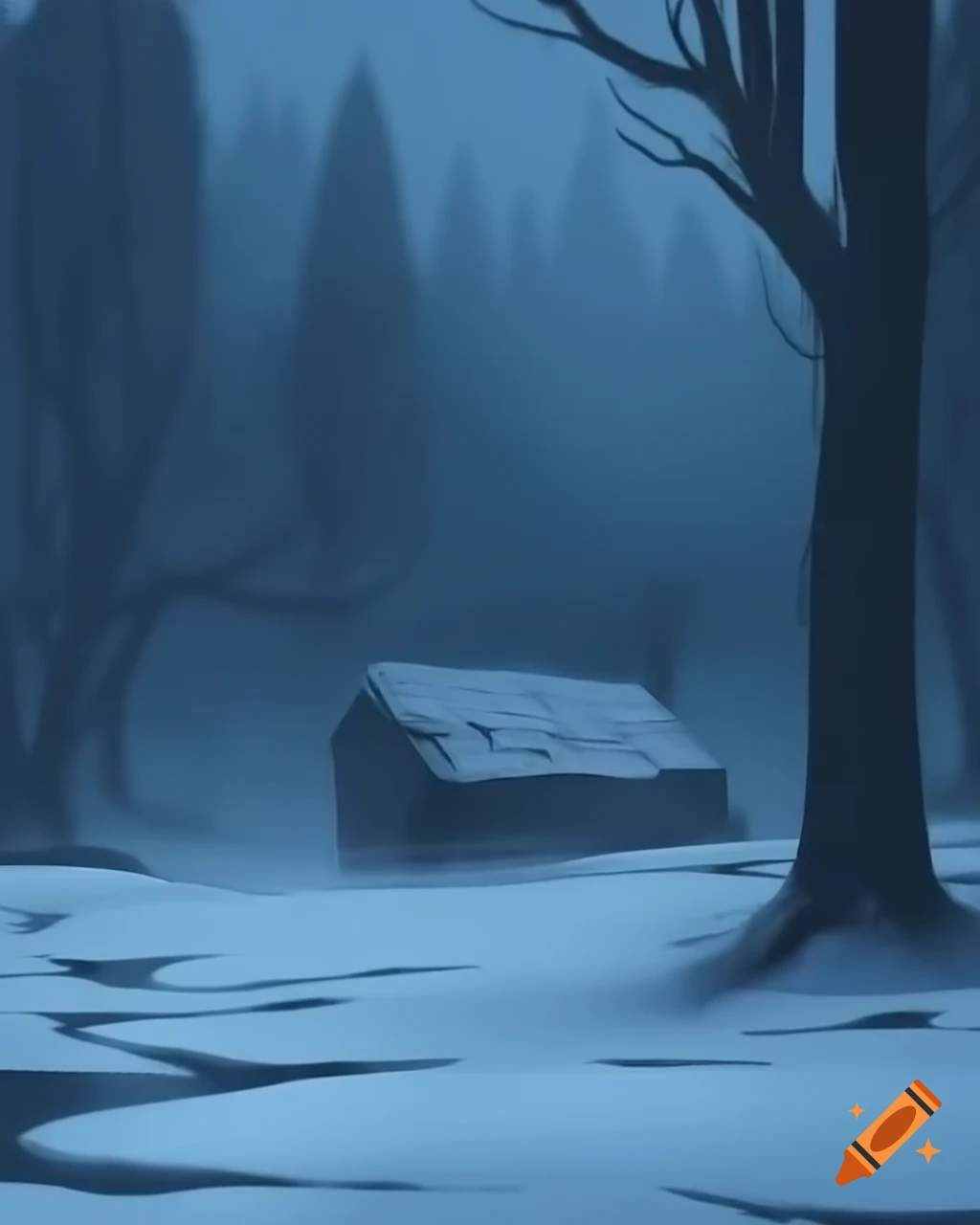 Desolate mountain village in snowstorm with baby near frozen stream