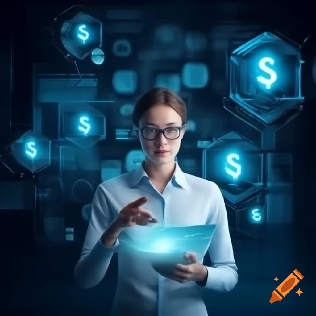 Young adult earning money online with digital holograms in futuristic setting