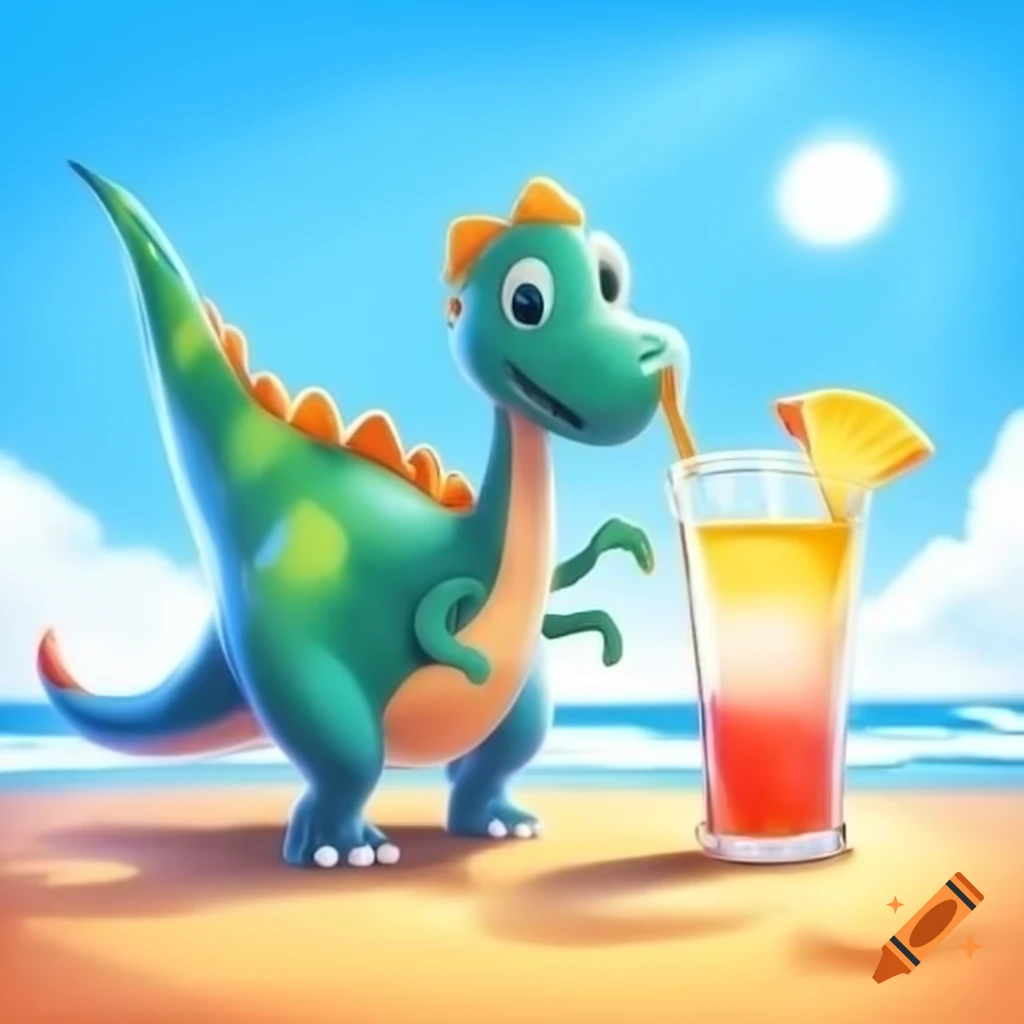 Dinosaur reaching for cocktail on a beach