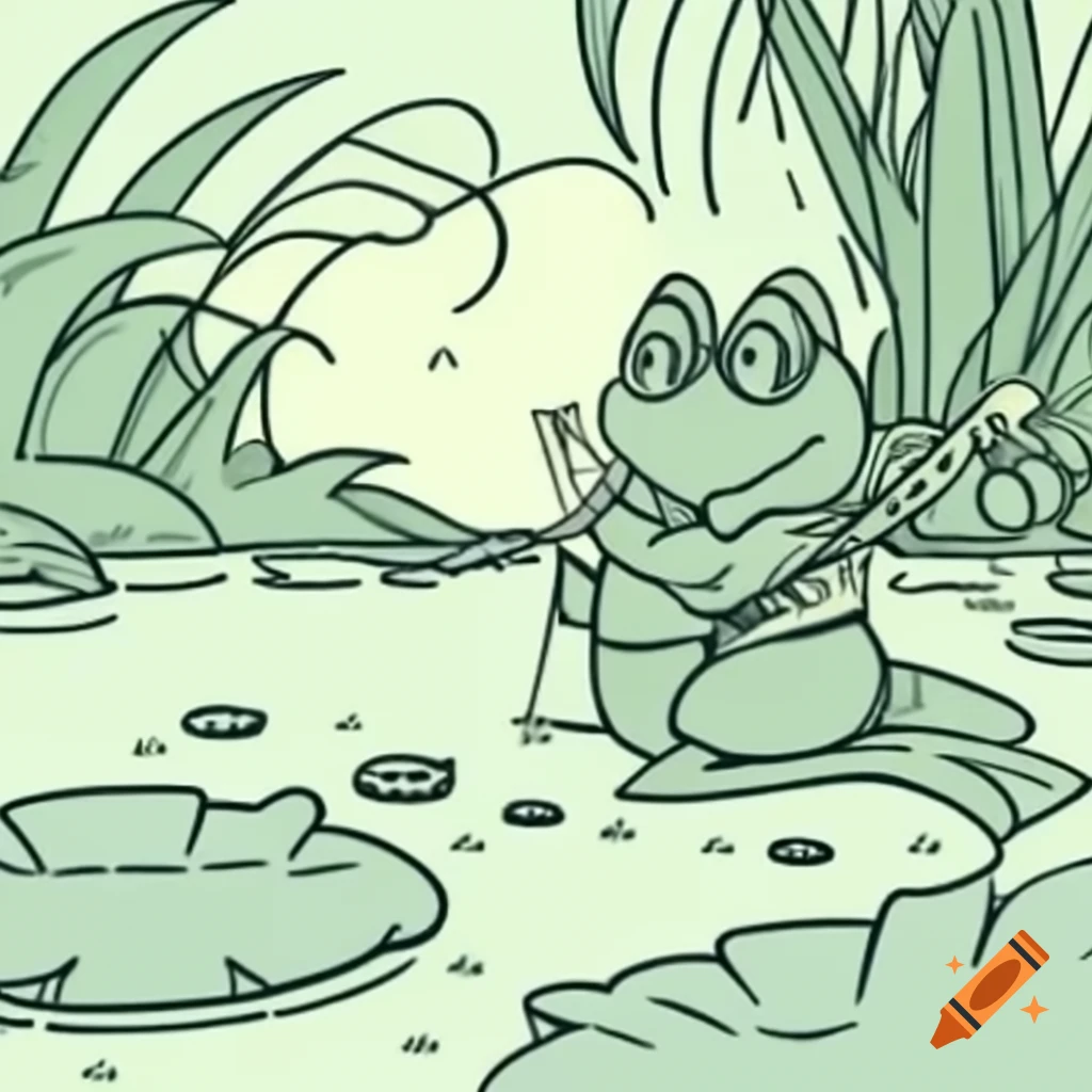 Mystical line art of frog fishing by a pond