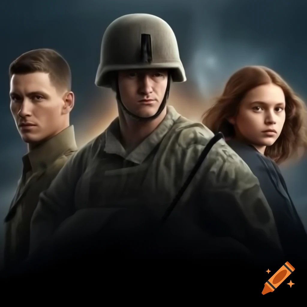 Two soldier brothers and girl positioned in war-themed background
