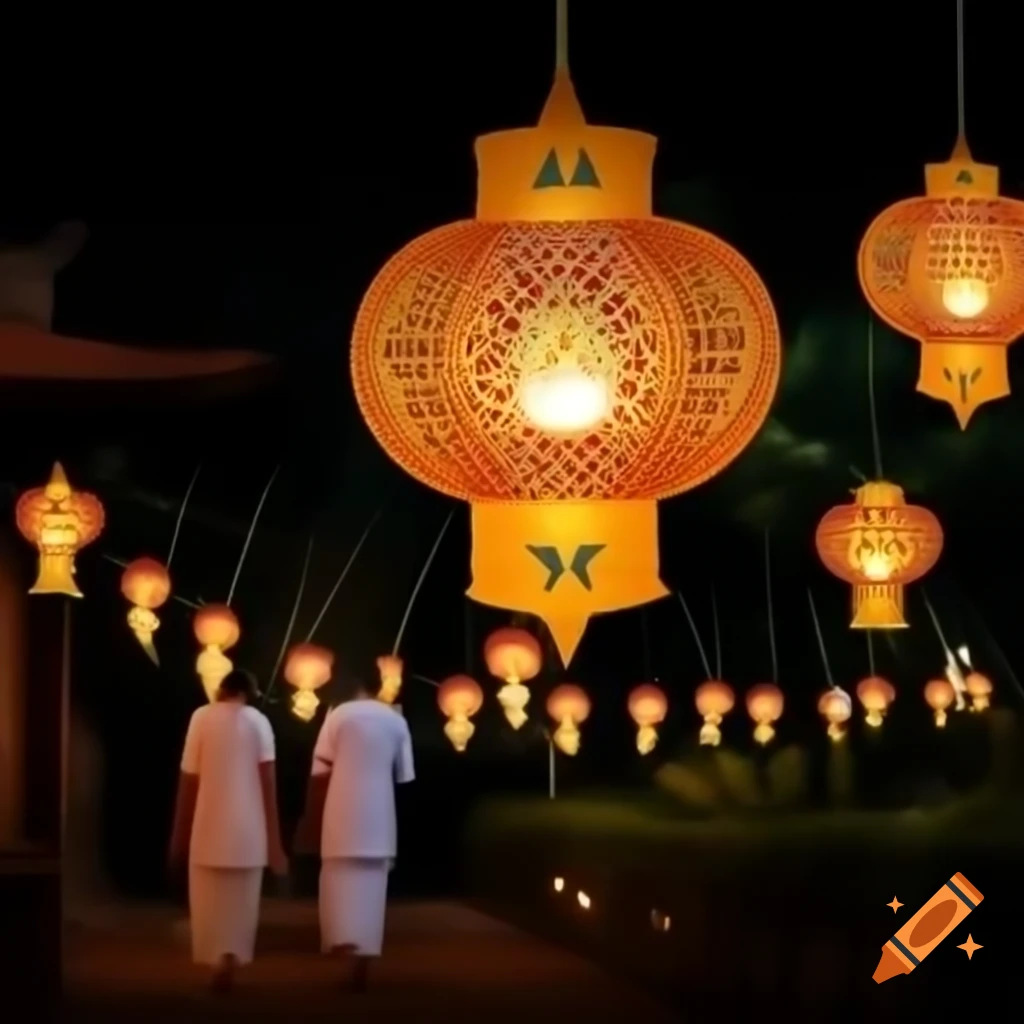 Traditional Sri Lankan Vesak lantern glowing at night with colorful geometric designs
