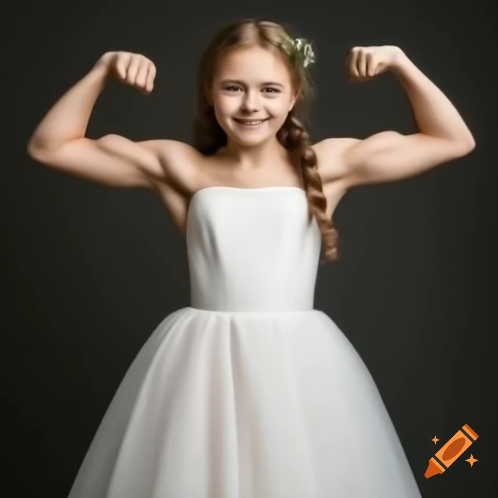 Cute girl flexing biceps in elegant bridesmaid dress