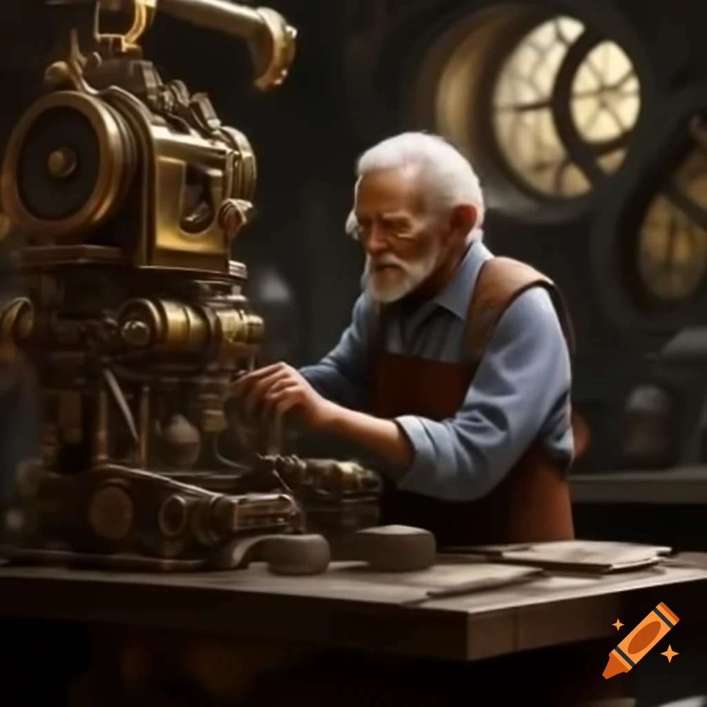 Old man working on intricate golden steampunk machine in dim workshop ...