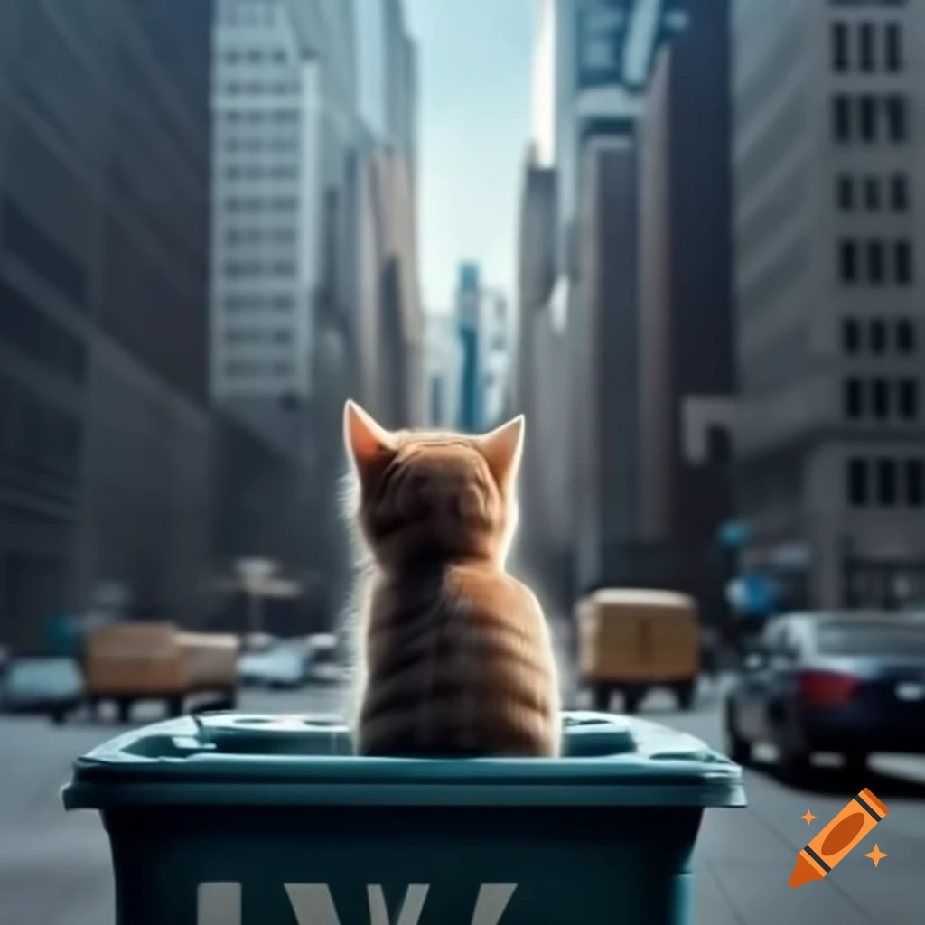 Kitten peeking from behind trash bin with city skyline in background