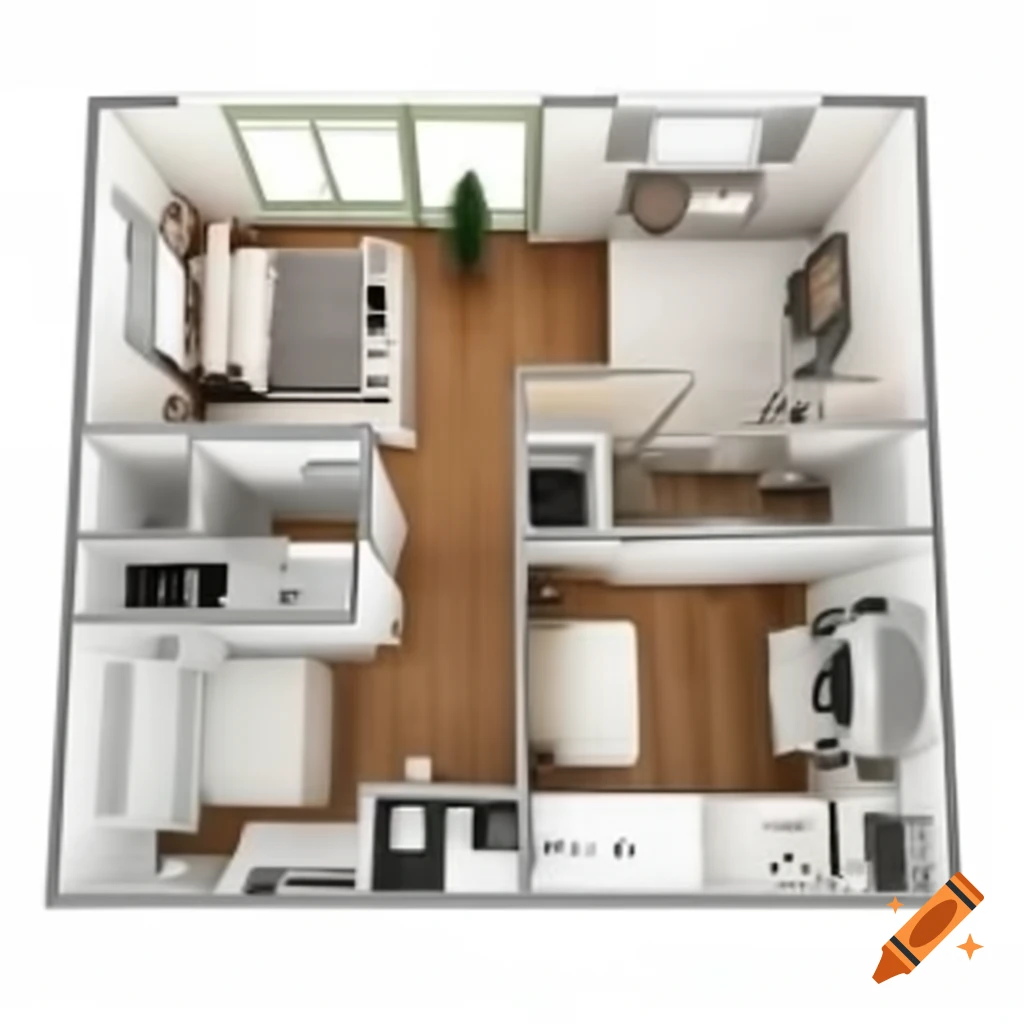 Interior design layout of spacious apartment with multiple rooms and kitchens