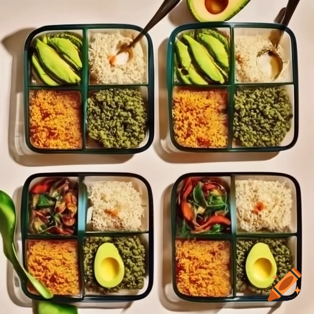 Healthy bento meal with green grams, brown rice, collard greens, and avocado