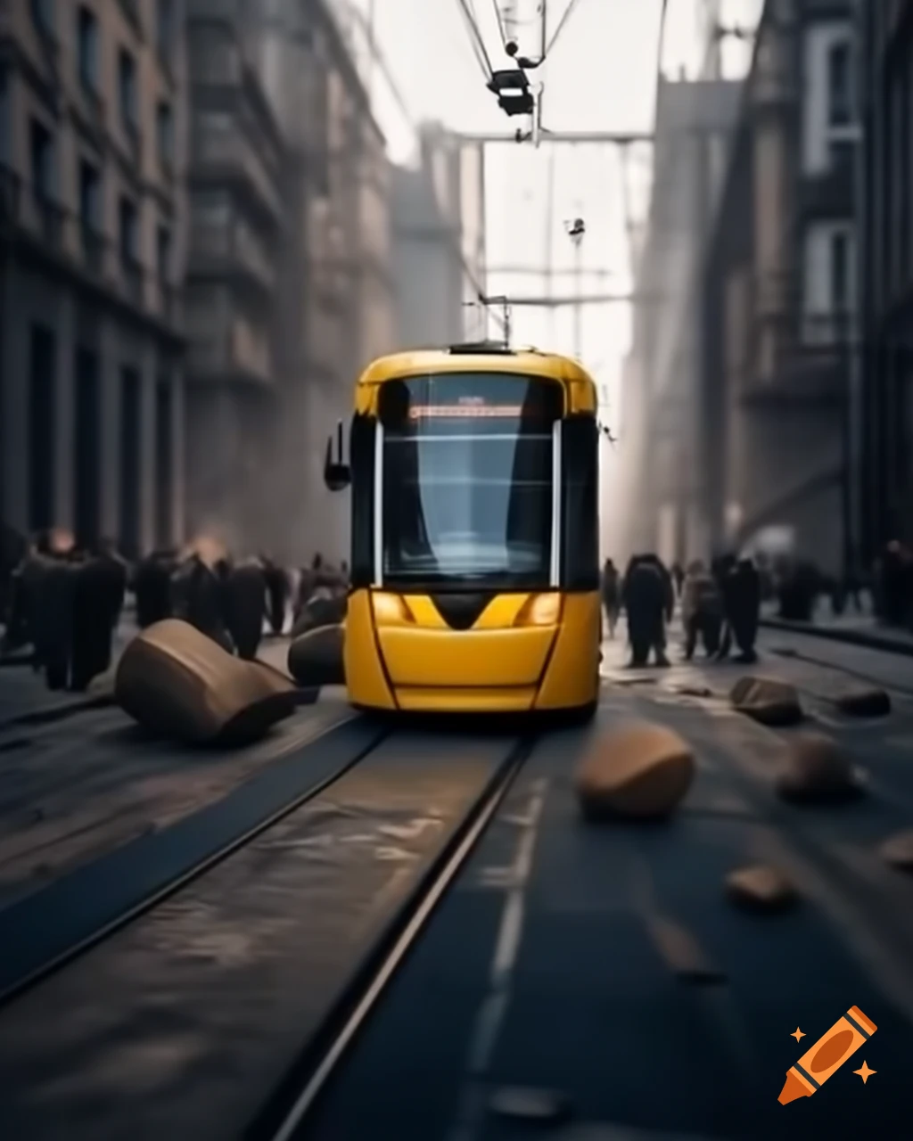 Realistic 4K photo of yellow trams in an apocalyptic small city with crowds