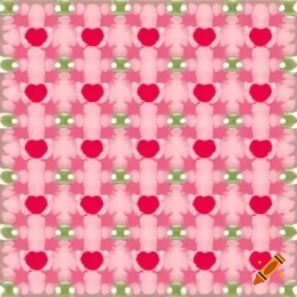 Seamless texture of strawberry heart and rose pink granny square blanket