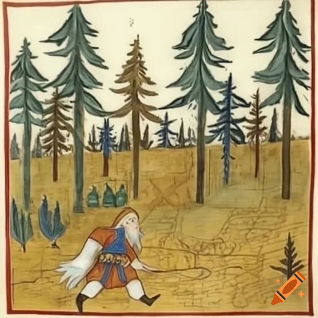 Bearded explorer in medieval manuscript, surrounded by large pine trees
