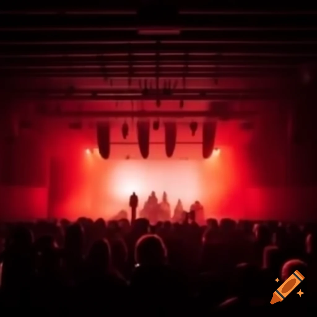 Dreamy night scene of elevated stage with band, 80's style with billboards