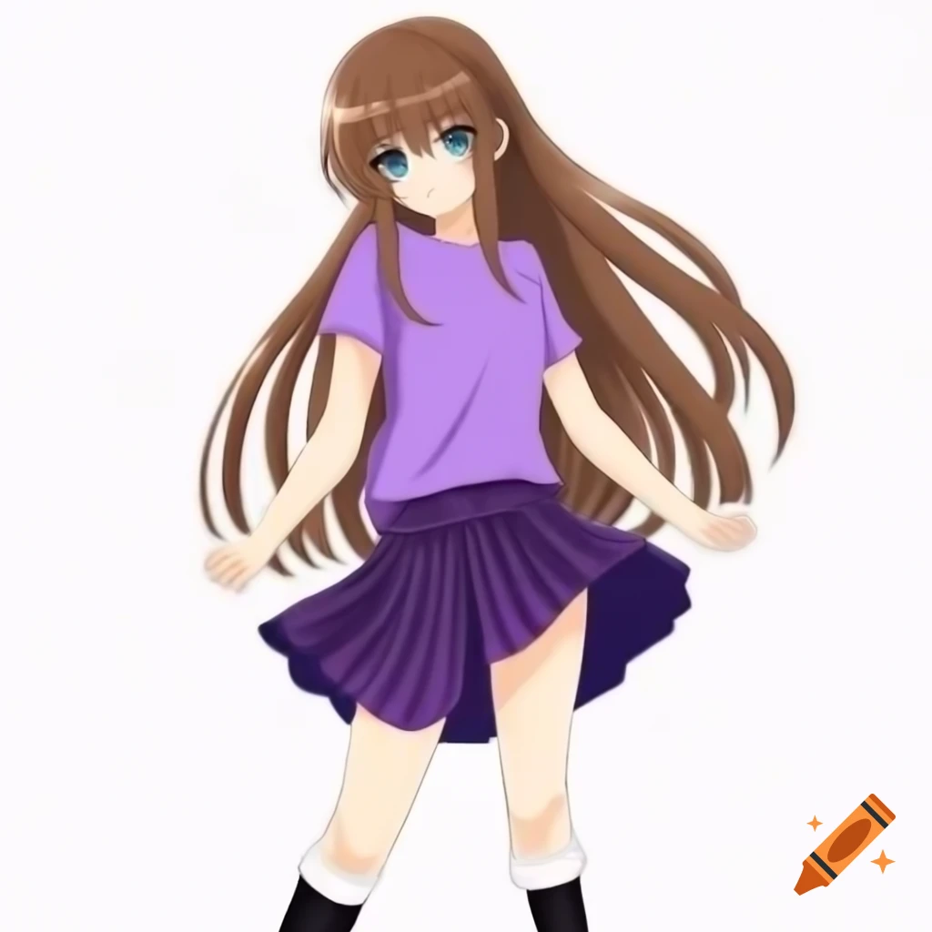 Anime-style woman with cyan eyes and brown hair in purple outfit on Craiyon