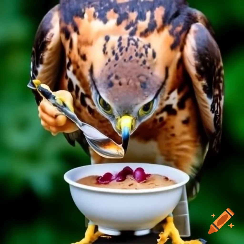 Hawk holding spoon eating porridge with red onions on Craiyon