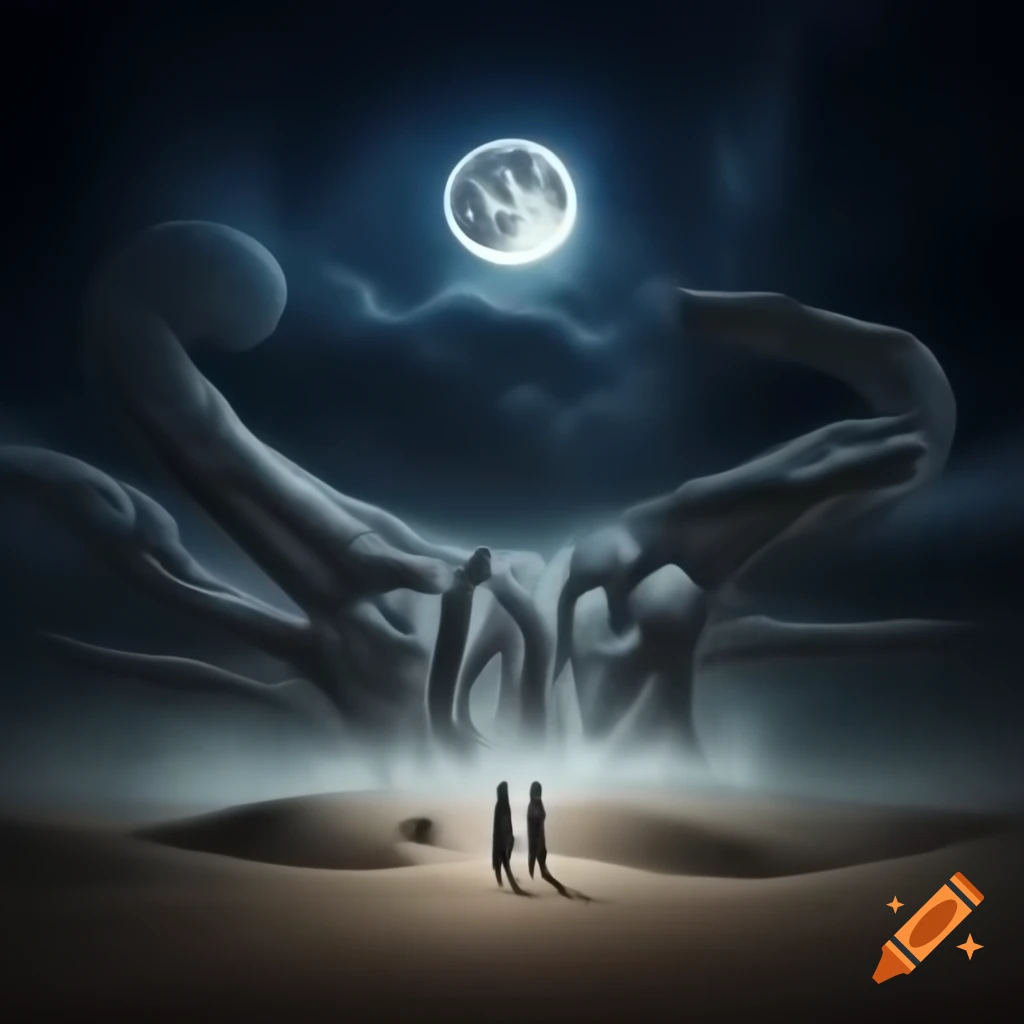 Surreal desert scene at night with solemn figures under glowing full ...