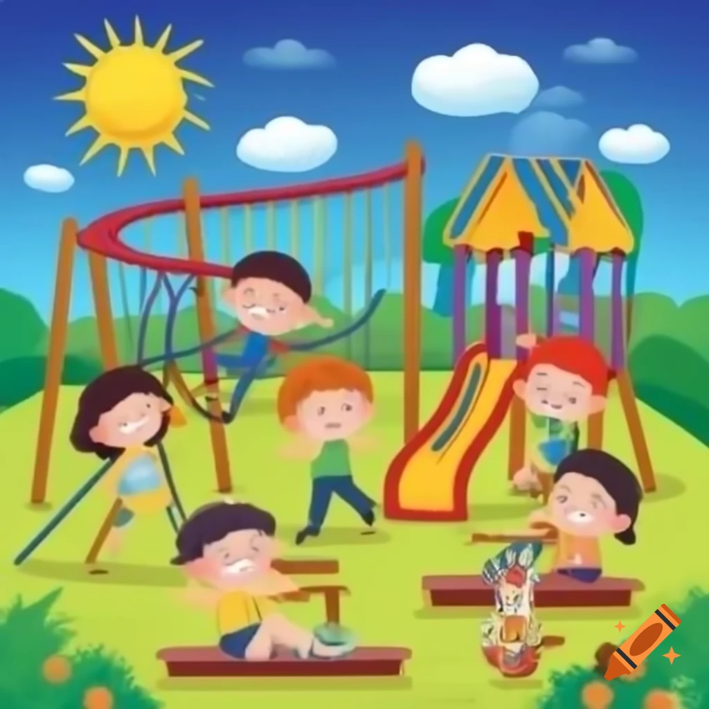 Children playing on a playground with sun shining and moon in background