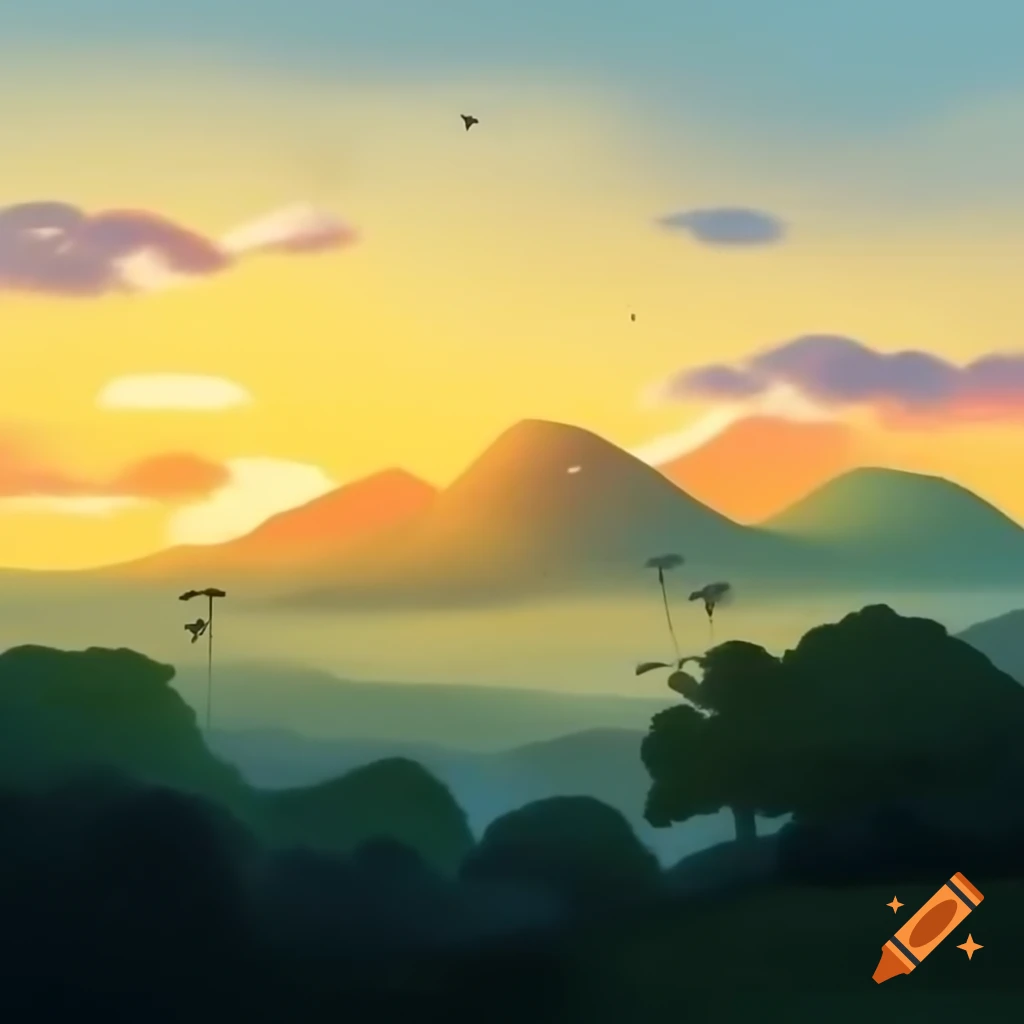 Sunrise over mountains with green trees and birds in the sky on Craiyon